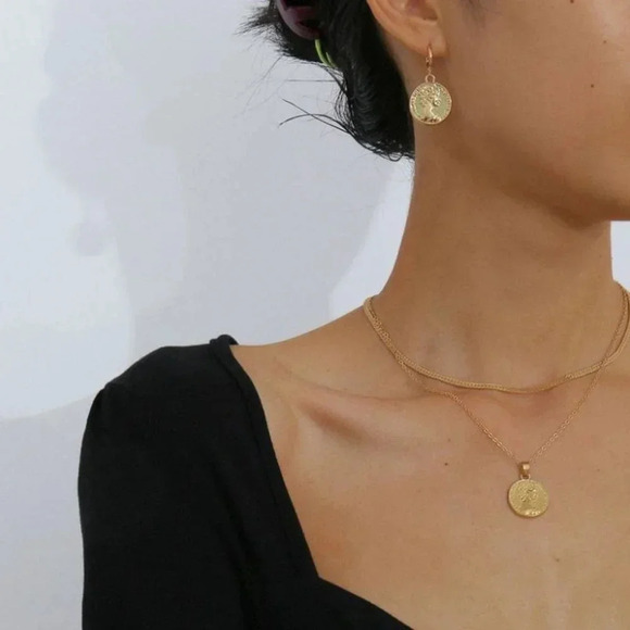 Minimalist Gold Coin Chain Necklace & Earring Set - Picture 1 of 6